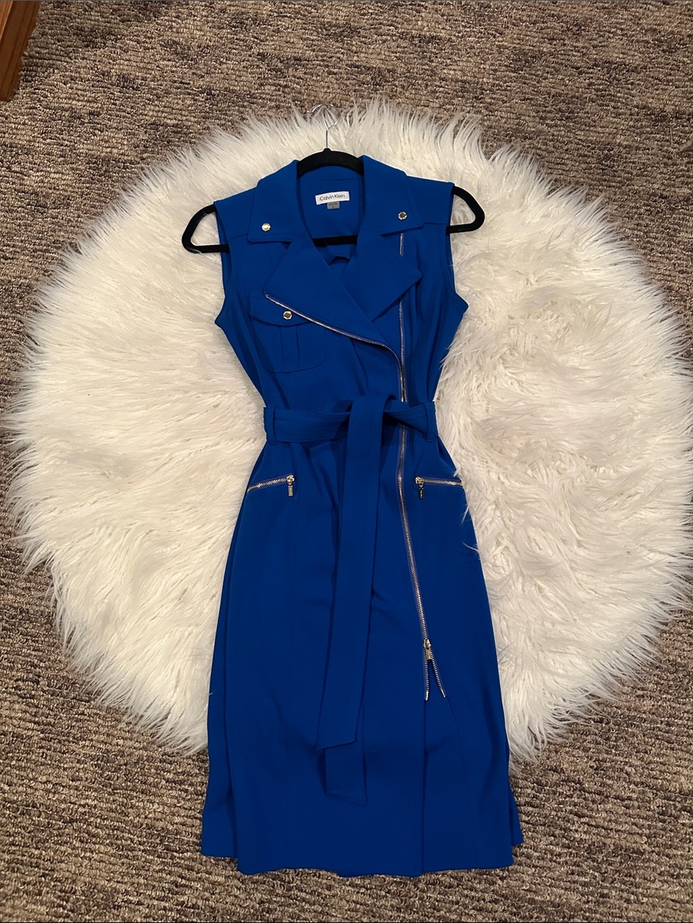 Calvin Klein Sleeveless Belted Moto Dress in Bright Blue